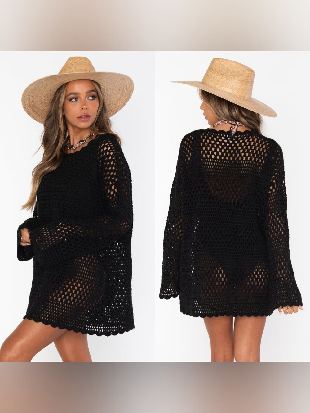 Show Me Your MuMu Paula Black Crochet Pullover M Swim Cover Up Vacation Festival
